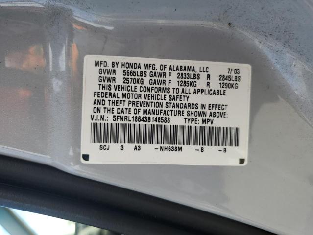 5FNRL18643B148588 - 2003 HONDA ODYSSEY EX ვერცხლისფერი ფოტო 13