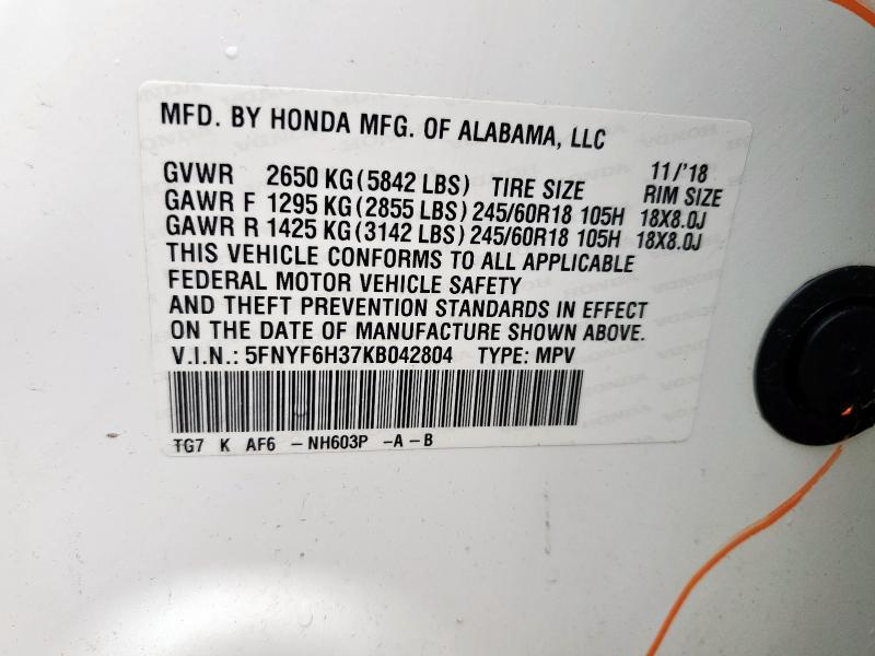 5FNYF6H37KB042804 - 2019 HONDA PILOT EX Weiß Foto 13