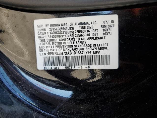 5FNRL3H7XAB101387 - 2010 HONDA ODYSSEY EXL أسود صورة 13