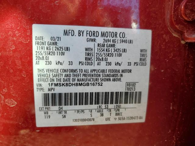 1FMSK8DH8MGB16752 - 2021 FORD EXPLORER XLT Կարմիր լուսանկար 14