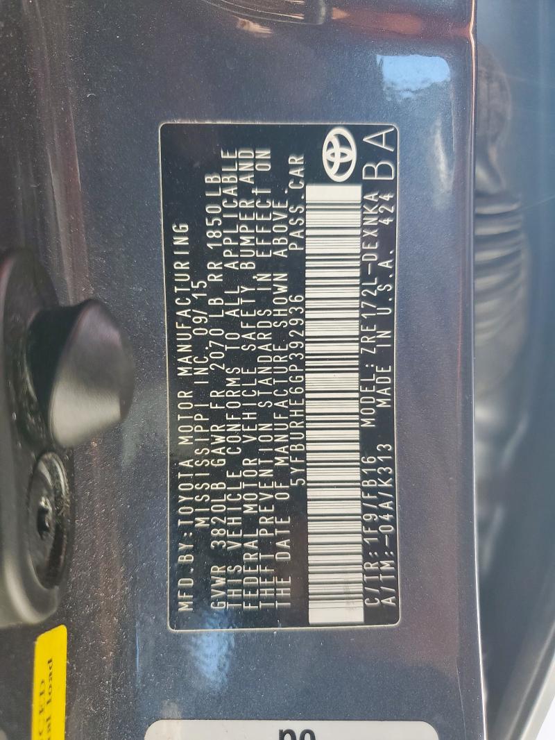 5YFBURHE6GP392936 - 2016 TOYOTA COROLLA L CHARCOAL photo 13