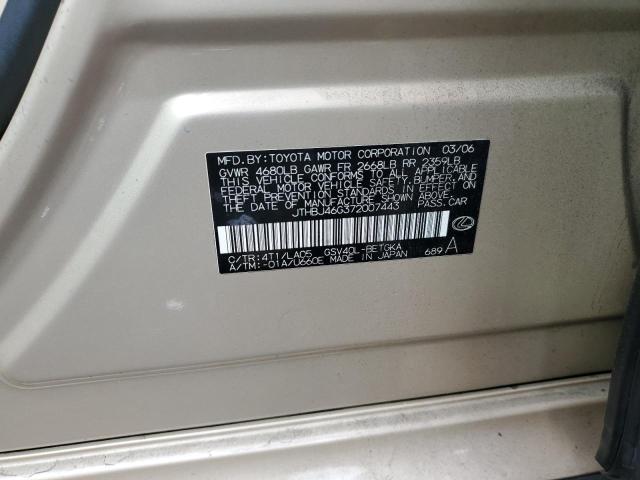 JTHBJ46G372007443 - 2007 LEXUS ES 350 GOLD photo 12