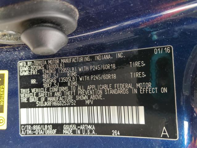 5TDJKRFH6GS253752 - 2016 TOYOTA HIGHLANDER XLE BLUE photo 13