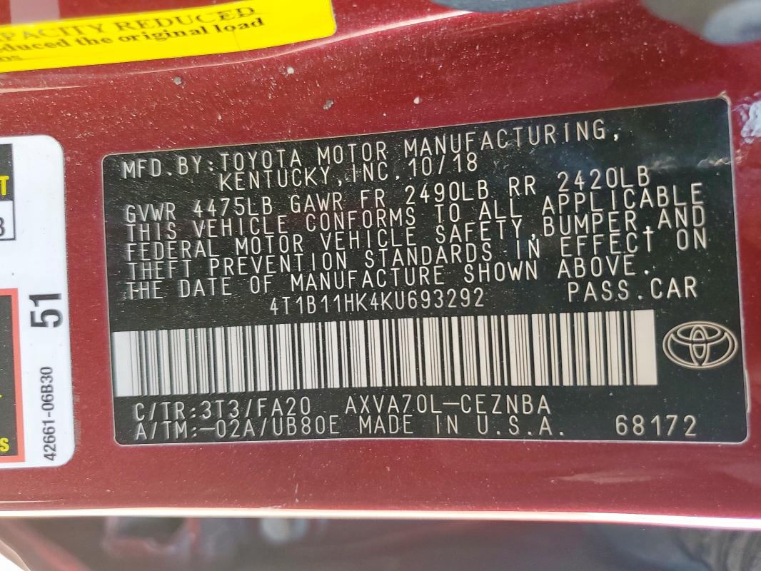 4T1B11HK4KU693292 - 2019 TOYOTA CAMRY L 红色 照片 12
