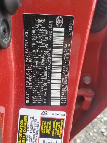 4T1B11HKXKU287596 - 2019 TOYOTA CAMRY L Rot Foto 12
