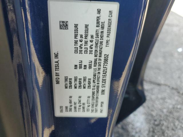 5YJ3E1EA2LF739852 - 2020 TESLA MODEL 3 Կապույտ լուսանկար 13