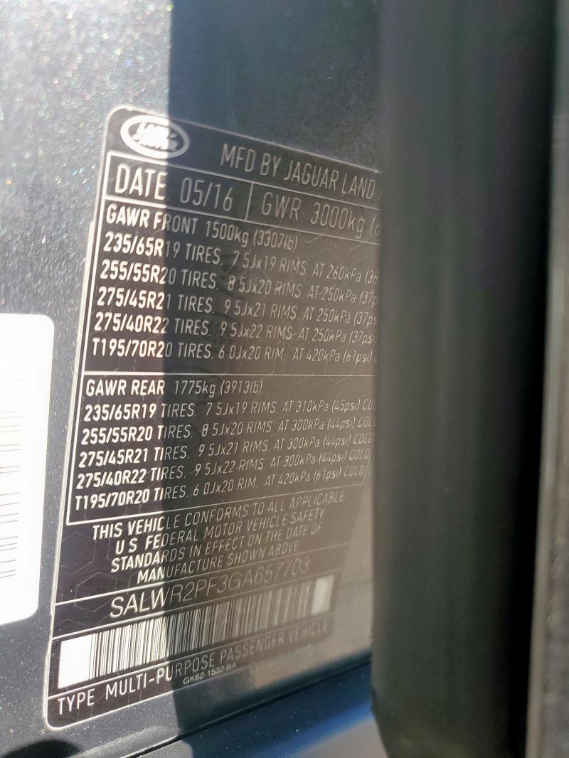 SALWR2PF3GA657703 - 2016 LAND ROVER RANGE ROVE HSE GRAY photo 12