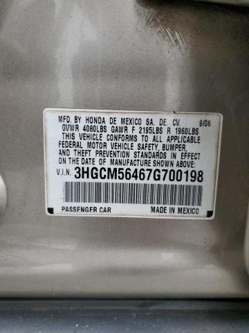 3HGCM56467G700198 - 2007 HONDA ACCORD LX 金色 照片 12