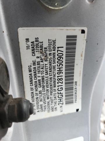 2HGFG12819H509071 - 2009 HONDA CIVIC EX SILVER photo 12