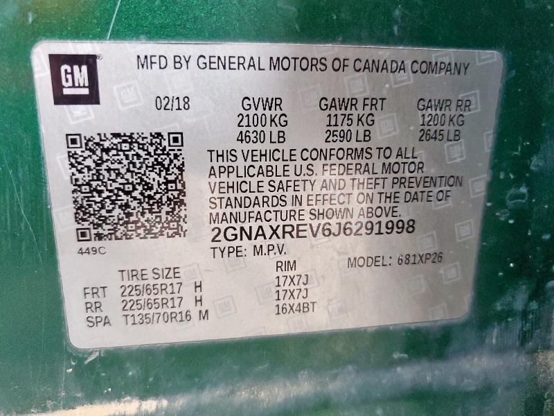 2GNAXREV6J6291998 - 2018 CHEVROLET EQUINOX LS GREEN photo 14