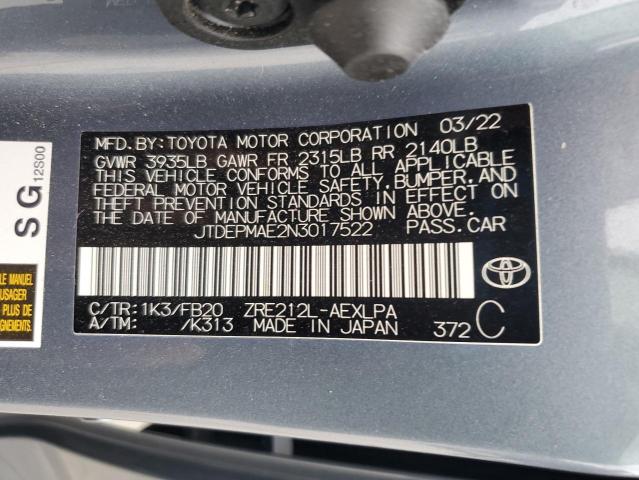 JTDEPMAE2N3017522 - 2022 TOYOTA COROLLA LE BLUE photo 13