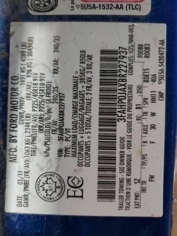 3FAHP0JAXBR227937 - 2011 FORD FUSION SEL 蓝色 照片 12