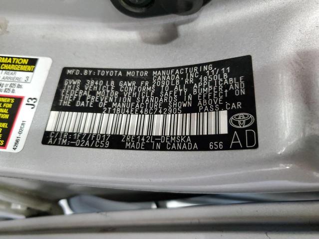 2T1BU4EE4BC742905 - 2011 TOYOTA COROLLA BASE Արծաթագույն լուսանկար 12