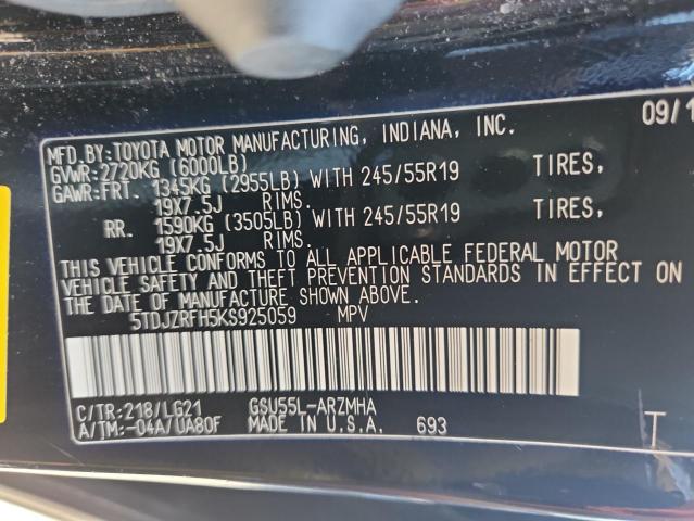 5TDJZRFH5KS925059 - 2019 TOYOTA HIGHLANDER SE Черный фото 14