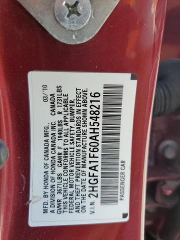 2HGFA1F60AH548216 - 2010 HONDA CIVIC LX-S Bordo foto 12