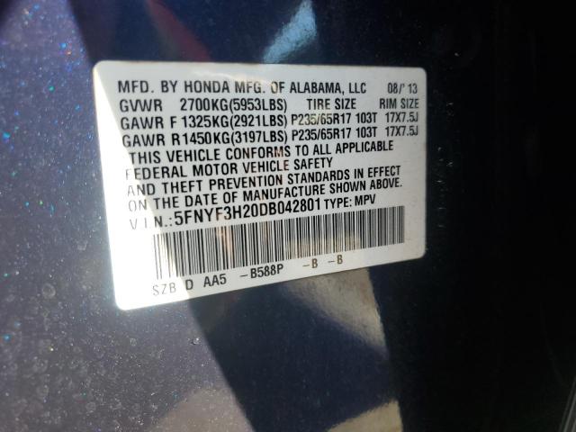 5FNYF3H20DB042801 - 2013 HONDA PILOT LX BLUE photo 13