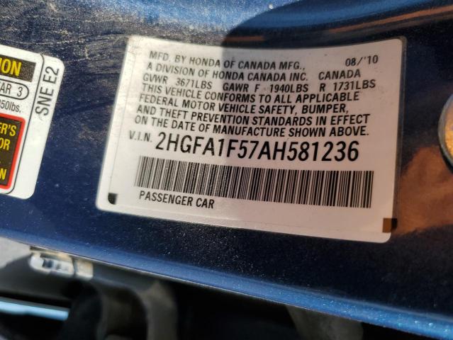 2HGFA1F57AH581236 - 2010 HONDA CIVIC LX BLUE photo 12