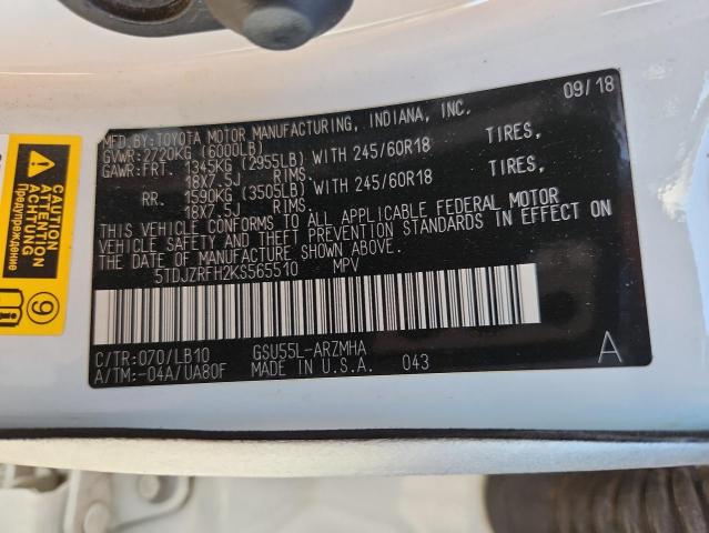 5TDJZRFH2KS565510 - 2019 TOYOTA HIGHLANDER SE Beyaz fotoğraf 13