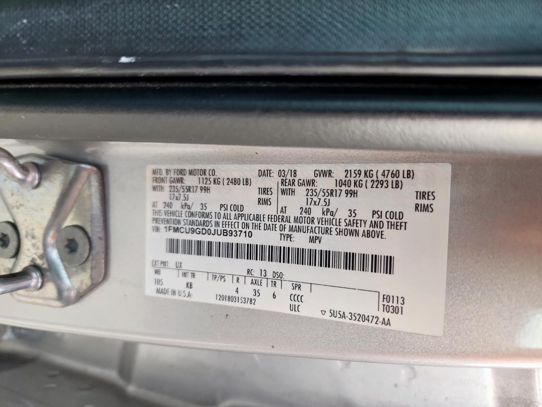 1FMCU9GD0JUB93710 - 2018 FORD ESCAPE SE Argent photo 13