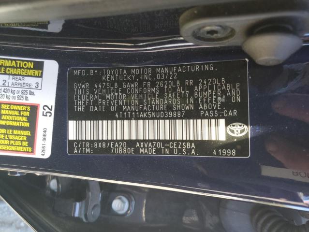 4T1T11AK5NU039887 - 2022 TOYOTA CAMRY SE 黑色 照片 12