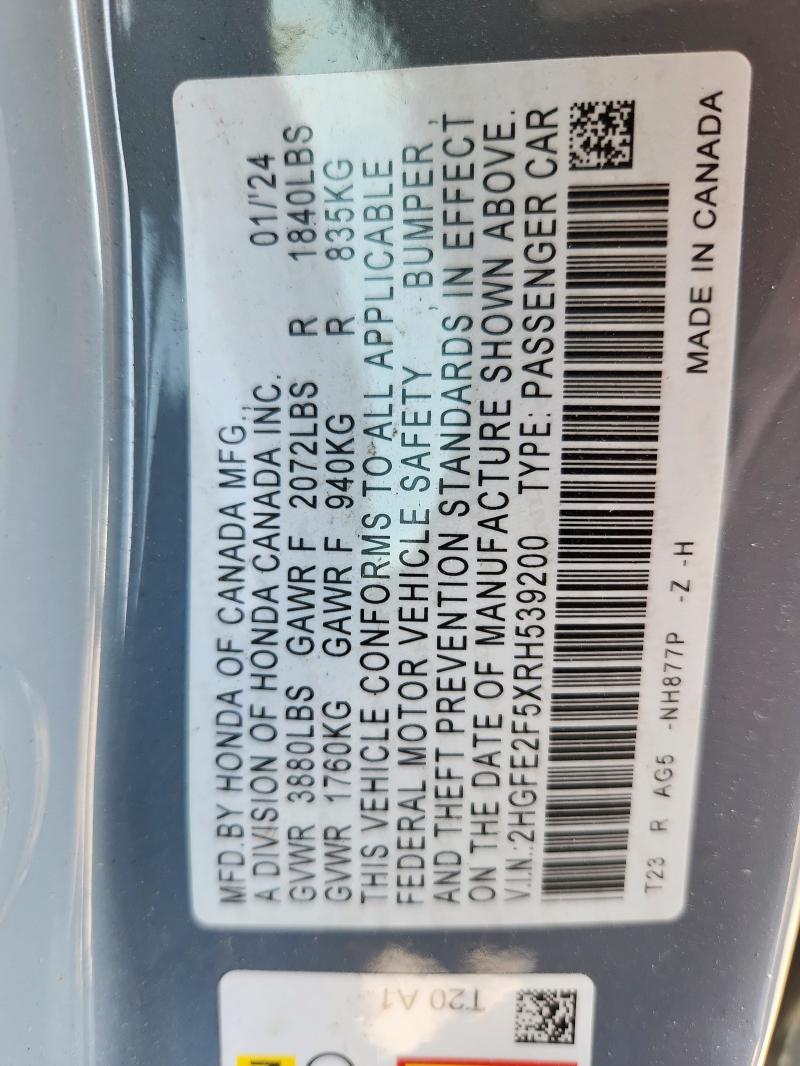 2HGFE2F5XRH539200 - 2024 HONDA CIVIC SPORT 灰色 照片 13