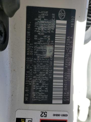 4T1G11AK4MU475534 - 2021 TOYOTA CAMRY SE WHITE photo 12