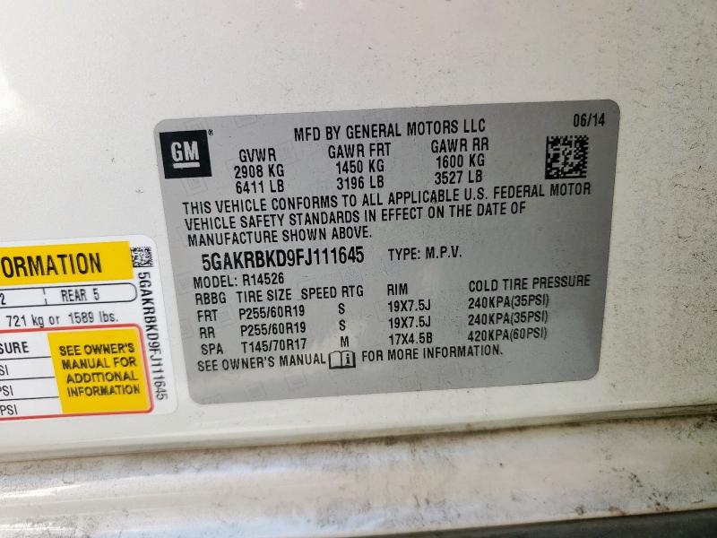 5GAKRBKD9FJ111645 - 2015 BUICK ENCLAVE 奶油色 照片 12