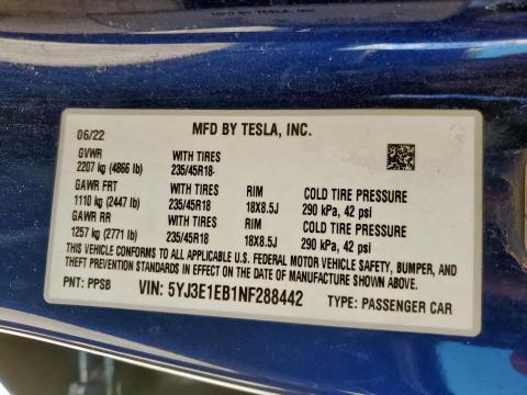 5YJ3E1EB1NF288442 - 2022 TESLA MODEL 3 ლურჯი ფოტო 13