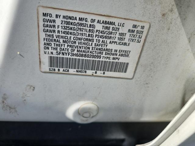 5FNYF3H60BB020099 - 2011 HONDA PILOT EXL WHITE photo 13