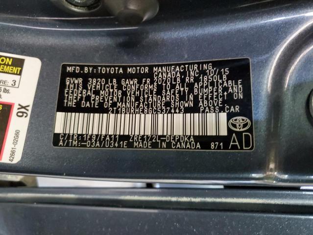 2T1BURHE8GC537443 - 2016 TOYOTA COROLLA L Կապույտ լուսանկար 13