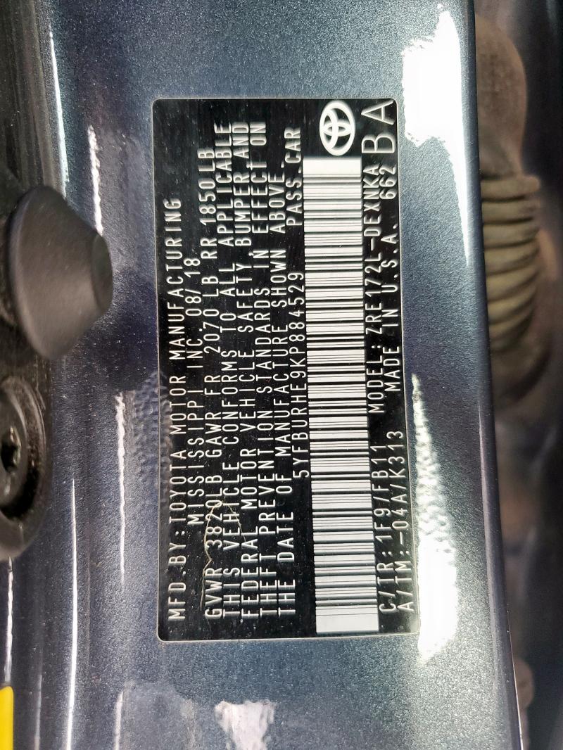 5YFBURHE9KP884529 - 2019 TOYOTA COROLLA L CHARCOAL photo 13