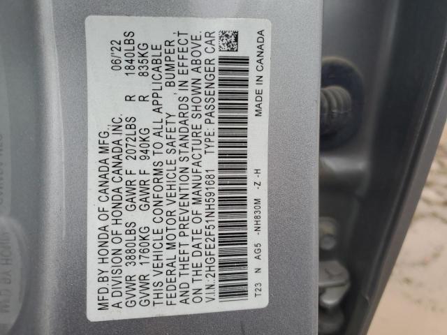 2HGFE2F51NH591681 - 2022 HONDA CIVIC SPORT SILVER photo 12
