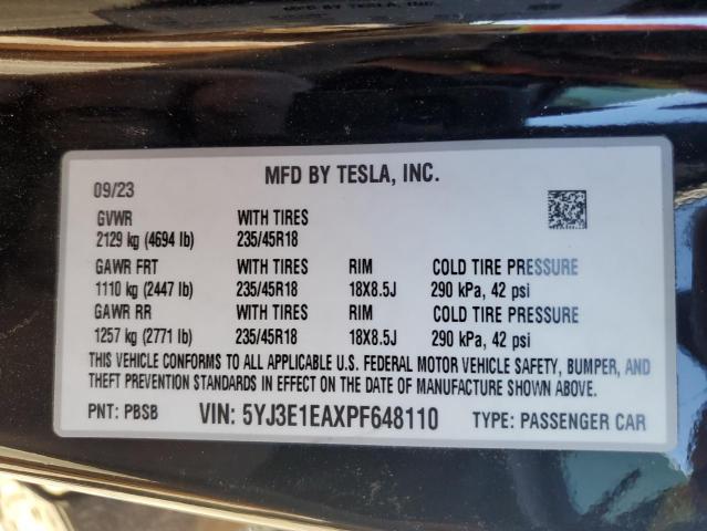 5YJ3E1EAXPF648110 - 2023 TESLA MODEL 3 Qara foto 13