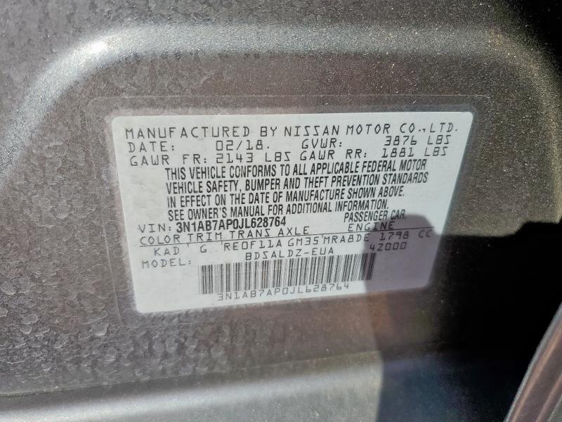 3N1AB7AP0JL628764 - 2018 NISSAN SENTRA S GRAY photo 12
