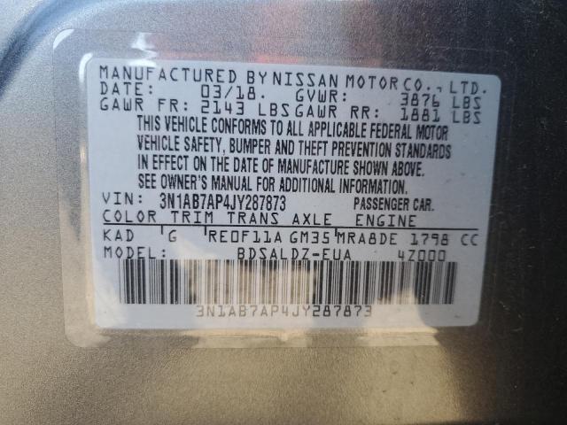 3N1AB7AP4JY287873 - 2018 NISSAN SENTRA S 灰色 照片 12