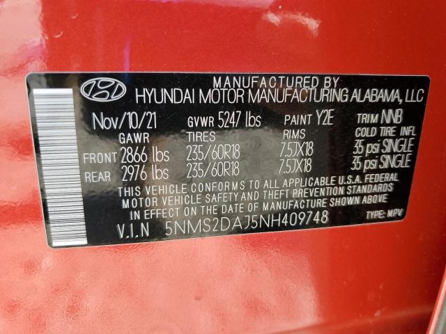 5NMS2DAJ5NH409748 - 2022 HYUNDAI SANTA FE SEL Қызыл фото 13