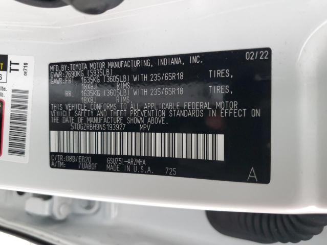 5TDGZRBH9NS193927 - 2022 TOYOTA HIGHLANDER XLE WHITE photo 13