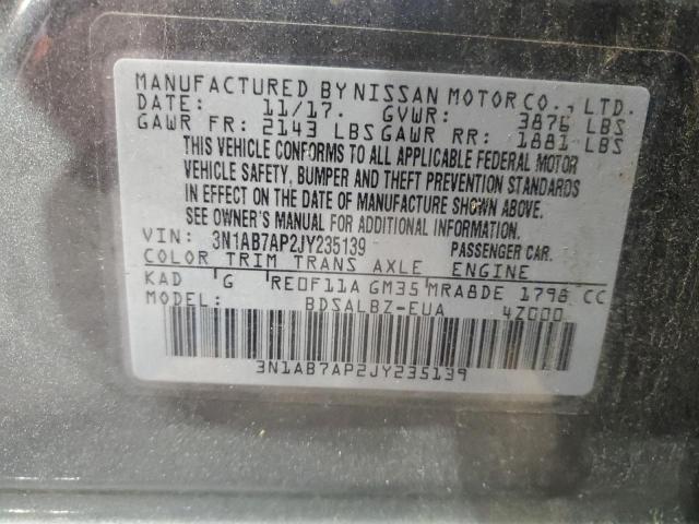 3N1AB7AP2JY235139 - 2018 NISSAN SENTRA S 灰色 照片 12