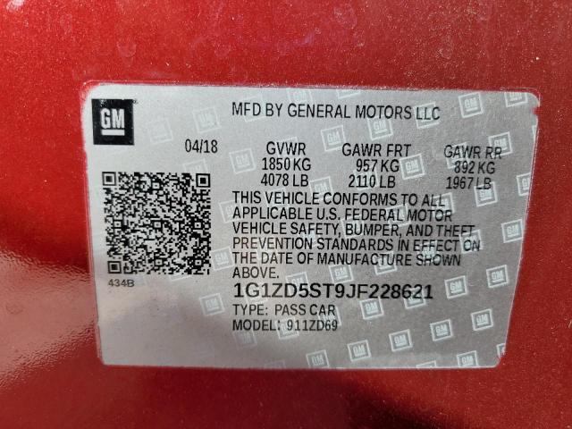 1G1ZD5ST9JF228621 - 2018 CHEVROLET MALIBU LT Qırmızı foto 12