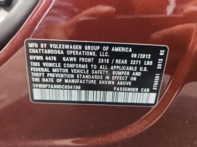 1VWBP7A39DC034199 - 2013 VOLKSWAGEN PASSAT SE أحمر صورة 12