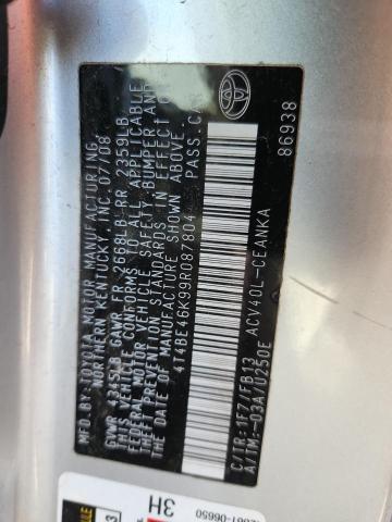 4T4BE46K99R087804 - 2009 TOYOTA CAMRY BASE SILVER photo 12