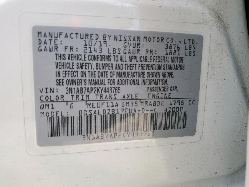 3N1AB7AP2KY443765 - 2019 NISSAN SENTRA S WHITE photo 13