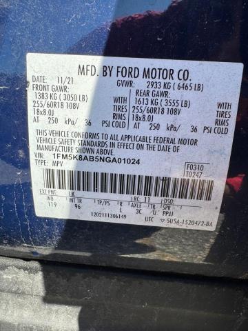 1FM5K8AB5NGA01024 - 2022 FORD EXPLORER POLICE INTERCEPTOR أزرق صورة 10