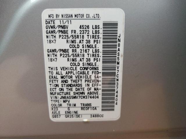 JN8AS5MV7CW374404 - 2012 NISSAN ROGUE S SILVER photo 13