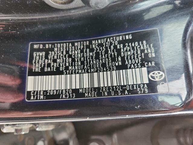 5YFEPMAE4MP204539 - 2021 TOYOTA COROLLA LE Noir photo 12