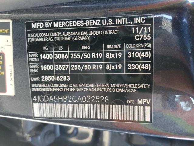4JGDA5HB2CA022528 - 2012 MERCEDES-BENZ ML 350 4MATIC BLACK photo 12