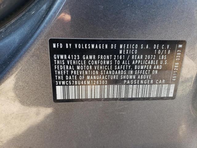 3VWC57BU4KM126303 - 2019 VOLKSWAGEN JETTA S GRAY photo 12