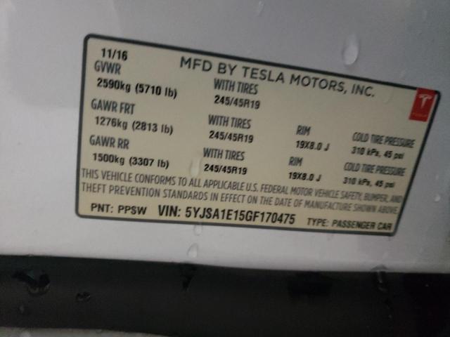 5YJSA1E15GF170475 - 2016 TESLA MODEL S WHITE photo 12
