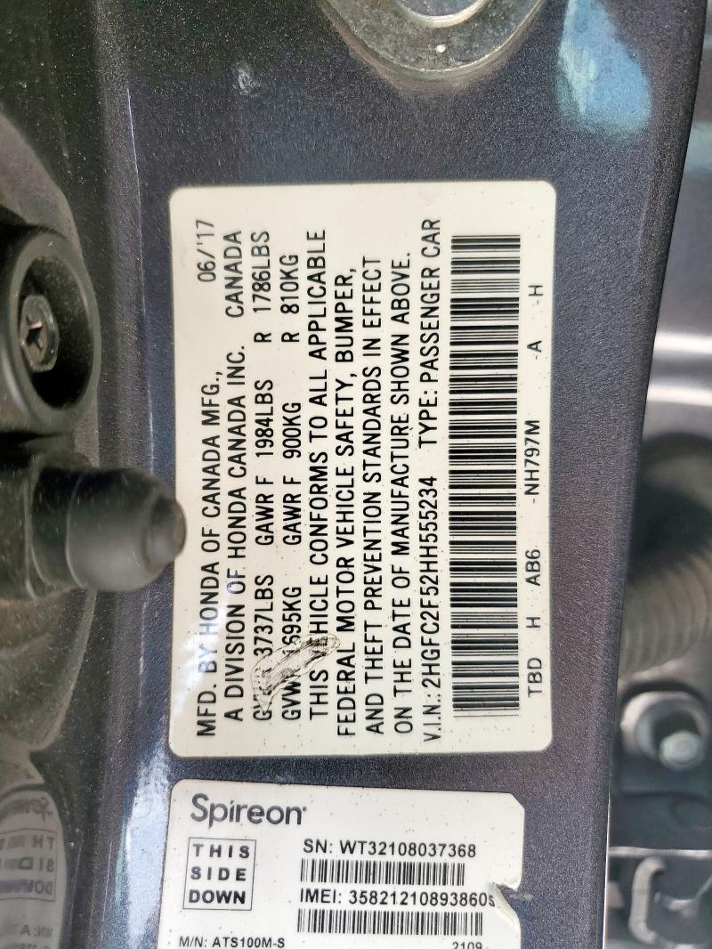 2HGFC2F52HH555234 - 2017 HONDA CIVIC LX GRAY photo 12