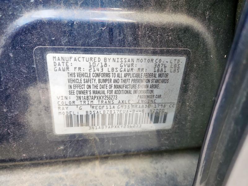 3N1AB7APXKY256273 - 2019 NISSAN SENTRA S 蓝色 照片 12